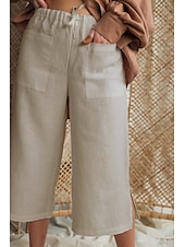 abordables Pantalon uni en coton et lin-Femmes Pantalon en coton et lin Slacks Pantacourt Occasionnel Confort Longueur cheville Naturel Uni Avec Poches Conception à cordon élastique Confortable Extérieur Rue Sortir Noir Blanche Kaki Été