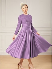economico Lunghezza del pavimento-Abito A-Line per madre della sposa elegante collo gioiello lungo fino al pavimento in satin maniche lunghe con pieghe e paillettes