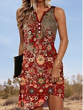 tanie Sukienki boho-Damskie Sukienka mini Sukienka letnia Sukienka trapezowa Sukienka z odkrytymi ramionami Urlop Codzienny Wyjściowe Regularny Kwiaty Graficzny W Tureckie Wzory Bez rękawów W serek Wino Lato Wiosna