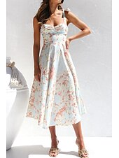 ieftine Rochii florale elegante-Pentru femei Rochii Midi Rochie de absolvire Rochie florala Rochie Slip Rochie imprimata Modă În aer liber Vacanță Absolvire Fit regulat Floare Fără manșon Bretele Spagheti Albastru piscină Caisă Vară