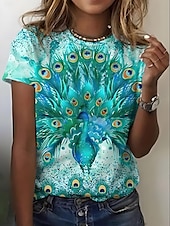 cheap Animals tee-Women&#039;s T Shirt Ombre Graphic Feather Casual Short Sleeve Round Neck Regular Tops Daily Going out Weekend Print Grass Green Sage Green White Yellow Dark Green Summer