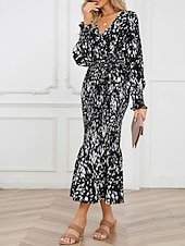 preiswerte abendkleider-Damen Midikleid Cocktailkleid Etui-Kleid Mode Urlaub Ferien Teegesellschaft Normale Passform Leopard Langarm V Ausschnitt Schwarz Khaki Aprikose Sommer