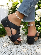 abordables Sandalias de cuña-Sandalias de cuña con remaches para mujer: zapatos de plataforma de corcho con punta abierta y cierre de cremallera para uso informal y de verano
