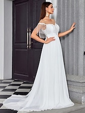 cheap Casual Wedding Dresses-Wedding Dresses Ball Gown Off Shoulder Sleeveless Sweep / Brush Train Chiffon Bridal Gowns With Pleats Solid Color
