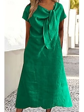 abordables concevoir des robes en coton et lin-Femmes Robe Midi Robes inspirées du lin Robe en coton et lin Mode Classique Extérieur Fête Week-end Coupe régulière Uni Manche Courte Col ras du cou Jaune Orange Vert Kaki Été