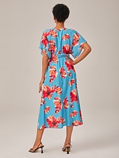 abordables Robes fleuries élégantes-robe midi élégante à fleurs bleues et col en V pour l&#039;été