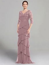 baratos Comprimento do chão-Vestido Sheath Mãe da Noiva Vestido Elegante Decote em V Comprimento do Chão Chiffon Stretch Mangas Médias com Renda Camadas em Cor Sólida