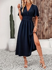 olcso maxi fekete ruha-Női Hosszú ruha Maxi ruha Ballagási ruha hétköznapi ruha Kűrruha nyári ruha Elegáns Divat Modern Napi Randi Hétvége Normál Sima Rövid ujjú V-alakú Fekete Sötétkék Világoskék Nyár