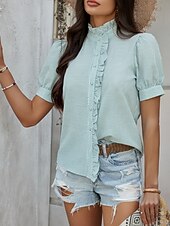 voordelige Dames eenvoudige tops-Dames Overhemd Gestreept Stijlvol Casual Korte mouw Overhemdkraag Normale tops Dagelijks Ruche Knop Afdrukken Wit Blozend Roze blauw Groen Zomer