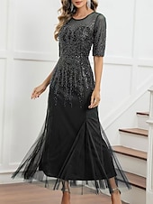 cheap Under $129.99-Dress Mother of the Bride Dress Elegant Party Black Dress Crew Neck Floor Length Polyester Half Sleeve with Sequin 2025