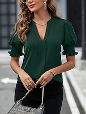 billige Tanks og camisole til kvinner-Kvinnes Camisole Tank Top Enfarget Stilfull Casual Kort erme Notch hals Vanlige topper Daglig Ruffle Svart Hvit Lilla Fuchsia Grønn Sommer Vår