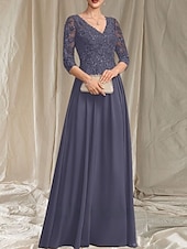 economico Lunghezza del pavimento-Linea ad A Abito da cerimonia per signora Ospite di nozze Elegante Scollo a V Lunghezza al pavimento Chiffon Manica 3/4 con Perline Applicazioni 2025