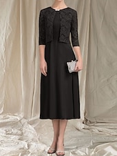 abordables Longueur du thé-Robe Mère de la Mariée A-Line Deux Pièces Invité de Mariage Élégante Col Arrondi Longueur Thé Chiffon Dentelle Manches 3/4 avec Robe Midi Ruchée en Dentelle 2025