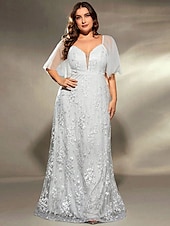 voordelige Onder 129,99 $-Plus Size Jurk Moeder van de Bruid Curve Jurk Elegant V Hals Vloerlengte Polyester Korte Mouw met Kant