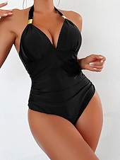 billige Onepiece badedrakter-Kvinne Badetøy Én Del Monokini Badedrakt Ryggløs Magekontroll Høy Midje Slank Ferie Strandklær Solid Farge Leopard Halter Hals Uten Erme Badedrakter