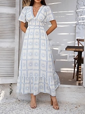 levne Umění a design šaty-Dámské maxi šaty A-line šaty vypasované a rozšířené šaty šaty s nadýchanými rukávy volnočasové dovolená denní běžné střih květinové krátký rukáv V výstřih bílé růžové fialové oranžové léto