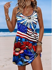 preiswerte Humor &amp; Zitate Kleider-Damen Patriotisch Veteran Mini Kleid A-Linie Kleid Sommer Kleid Off-Shoulder Kleid Urlaub Lässig Täglicher Lockere Passform Grafik Flagge Ärmellos U-Hals Blau Sommer