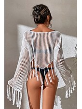 cheap Blouses &amp; Shirts-Women&#039;s Blouse Plain Modern Casual Long Sleeve Crew Neck Regular Tops Daily Holiday Going out Hollow Out Fringe Black White Green Summer