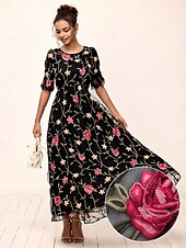 halpa Mekot-Naisten Maksimekko Musta mekko A linjainen mekko Tyylikäs Puhvihiha Loma Päivittäin Loose Fit Kukka Lyhythihainen Tiukka pyöreä kaula-aukko Musta Kesä