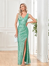 voordelige Schoolfeestjurken-Zeemeermin  Trompet Quinceañera Jurken Elegante Jurk Bruiloft Bruiloft Gast Vloerlengte Mouwloos V-Hals Polyester met Pailletten
