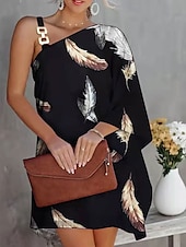 preiswerte Blumenkleid-Damen Mini Kleid Shift-Kleid Off-the-Shoulder Kleid Lässig Glockenärmel Urlaub Straße Lässig reguläre Passform Grafik Langarm asymmetrisch Schwarz und Weiß Schwarz Marineblau Orange