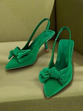 olcso Cicás sarkú cipők-zöld masnis kitten heel slingback cipő – elegáns hegyes orrú randevús éjszakai és hétköznapi női sarkú cipő