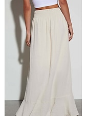 abordables Robes-Jupes femme inspirées du lin, mode, maxi, taille mi-haute, uni, ourlet asymétrique, extrémités fourchues, micro-élastique, vacances, rue, noir, blanc, été, coton