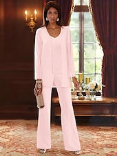 voordelige Broekpakken van mama-Strand Bruiloft Jumpsuit  Broekpak 3-delig Moeder van de Bruid Formele Bruiloft Gast Elegante V-Hals Vloerlengte Chiffon Kant Lange Mouw Jas met Apliques 2025