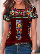 cheap Boho tee-Women&#039;s T Shirt Peasant Blouse Floral Bohemia Active Western Short Sleeve Crew Neck Regular Tops Daily Print Black Wine Blue Gray Summer