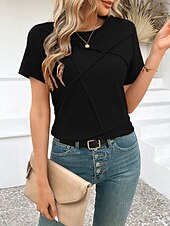 abordables T-shirt uni-T-shirt femme de couleur unie Uni Mode Moderne Décontracté Manches courtes Col rond Hauts réguliers Quotidien Week-end Noir Rose Marron Gris Été