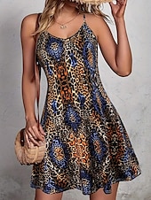 billige Kunst og Design Kjoler-Dame Mini kjole Kjole med A-linje Slipkjole Off The Shoulder-kjole Ferie Fritid Feriereise Daglig Normal Grafisk Leopard Ermeløs V-hals Kongeblå Blå Lilla Grønn Sommer