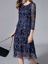 economico Lunghezza del tè-Abito A-Line per la madre della sposa abito elegante vintage per feste collo a giro lunghezza tè in pizzo tulle maniche 3/4 con applicazioni in pizzo ricamato floreale