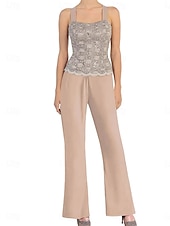 preiswerte Unter 129,99 $-Hosenanzug Mutter der Braut Kleid Elegantes einfaches Rundhals Knöchellang Polyester Langarm mit Spitze Einfarbig