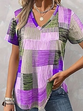 cheap Stripe&amp;Geometric tee-Women&#039;s Blouse Graphic Geometric Casual Short Sleeve V Neck Regular Tops Daily Print Blue Purple Orange Green Summer Spring