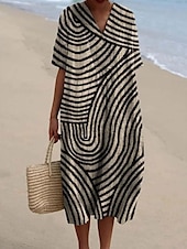 preiswerte Streifen- und geometrisches Kleid-Damen Midikleid Sommerkleid A Linie Kleid Urlaub Lässig Strand Ausgehen Lässiger Schnitt Grafik Geometrisch Kurzarm V Ausschnitt Weinrot Orange cremefarben Dunkelgray Sommer
