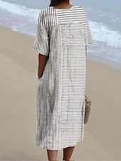 billige Stripete og geometriske kjoler-Dame Midikjole Solkjole Ferie Fritid Strandstil Daglig Ut på byen Løstsittende Grafisk Stripe Kortermet V-hals Aske Sommer