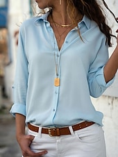 cheap Women&#039;s Plain Tops-Women&#039;s Shirt Solid Color Stylish Basic Casual Long Sleeve Shirt Collar Regular Tops Work Daily Buttons Black White Yellow Light Blue Summer Spring