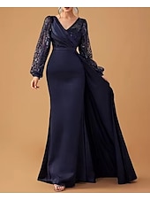 preiswerte BLAU-Trompete / Meerjungfrau Abendkleider Elegant Kleid Leistung Gala Pinsel Schleppe Langarm V Ausschnitt Gürtel / Schärpe Charmeuse mit Glitzer Gerafft Paillette 2025