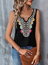 billige Grafisk butikk Tank topper &amp; Camis-Dame Camisole Tank Top Blomstret Grafisk Paisly Stilfull Fritid Ermeløs V-hals Vanlige topper Daglig Trykt mønster Svart Sommer