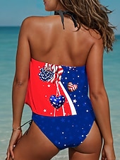  Día de la Independencia Bañador Patriótico Mujer Tankini 2 Piezas Bañador Cheeky Sin Espalda Vacaciones Ropa de Playa Bandera Cuello en U Sin Mangas Trajes de Baño