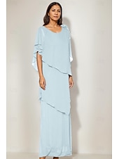 abordables Longueur du plancher-Robe mère de la mariée fourreau  colonne élégante à col bijou longueur sol chiffon floral à courte manche avec volants