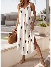 preiswerte Kunst &amp; Design Kleider-Damen Maxikleid Sommerkleid A-Linie Kleid Unterkleid Lässig Urlaub Täglich Strand Reguläre Passform Grafik Ärmellos V-Ausschnitt Weiß Sommer Frühling