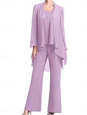 economico Sotto 129,99 $-Pantaloni Abito Madre della Sposa Ospite Matrimonio Elegante Semplice Collo Gioiello Lunghezza del Pavimento Chiffon Manica Lunga con Colore Solido