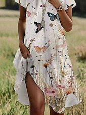 preiswerte Blumenkleid-Damen Minikleid Freizeitkleid T-Shirt-Kleid Sommerkleid A Linie Kleid Stilvoll Lässig Strand Normale Passform Blumen Grafik Schmetterling Kurzarm Rundhalsausschnitt Weiß Sommer Frühling
