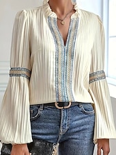 billige Boho t-skjorte-Kvinne Bluse Grafikk Elegant Søt Stilfull Lange Ermer V-Hals Vanlige Topper Daglig Ferie Patchwork Svart Himmelblå Grønn Aprikos Sommer Vår