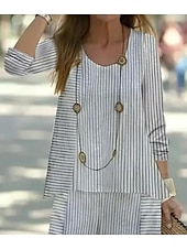 abordables Ensembles-Ensemble de 2 Pièces Basique Néo  Brillant Chemise Blouse Lin Comme Manches 3/4 Col V Imprimé Rayé Décontracté Gris Été Coupe Régulière