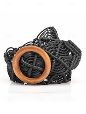 levne Dámský pásek-tkaný opasek boho macrame pro ženy – ručně vyrobený široký bederní pás s dřevěnou přezkou, vintage chic styl pro šaty, ležérní outfity a letní plážové oblečení