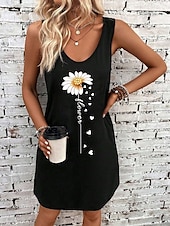 preiswerte Blumenkleider-Damen Minikleid A Linie Kleid Sommerkleid Schulterfreies Kleid Urlaub Lässig Täglich Lässiger Schnitt Blumen Grafik Sonnenblume Ärmellos U-Ausschnitt Schwarz Sommer