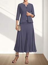 olcso Tea hossza-Két részes A-vonalú menyecske anyukájának ruha Esküvői vendég Elegáns Kerek nyak Tea hosszúságú Chiffon 3/4 Hosszú ujjú Gyöngyözéssel Midi ruha 2025
