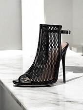 cheap Dress Sandals-Women&#039;s Black Mesh Peep-Toe Stiletto Sandals – Sexy High Heel Party Shoes with Ankle Strap